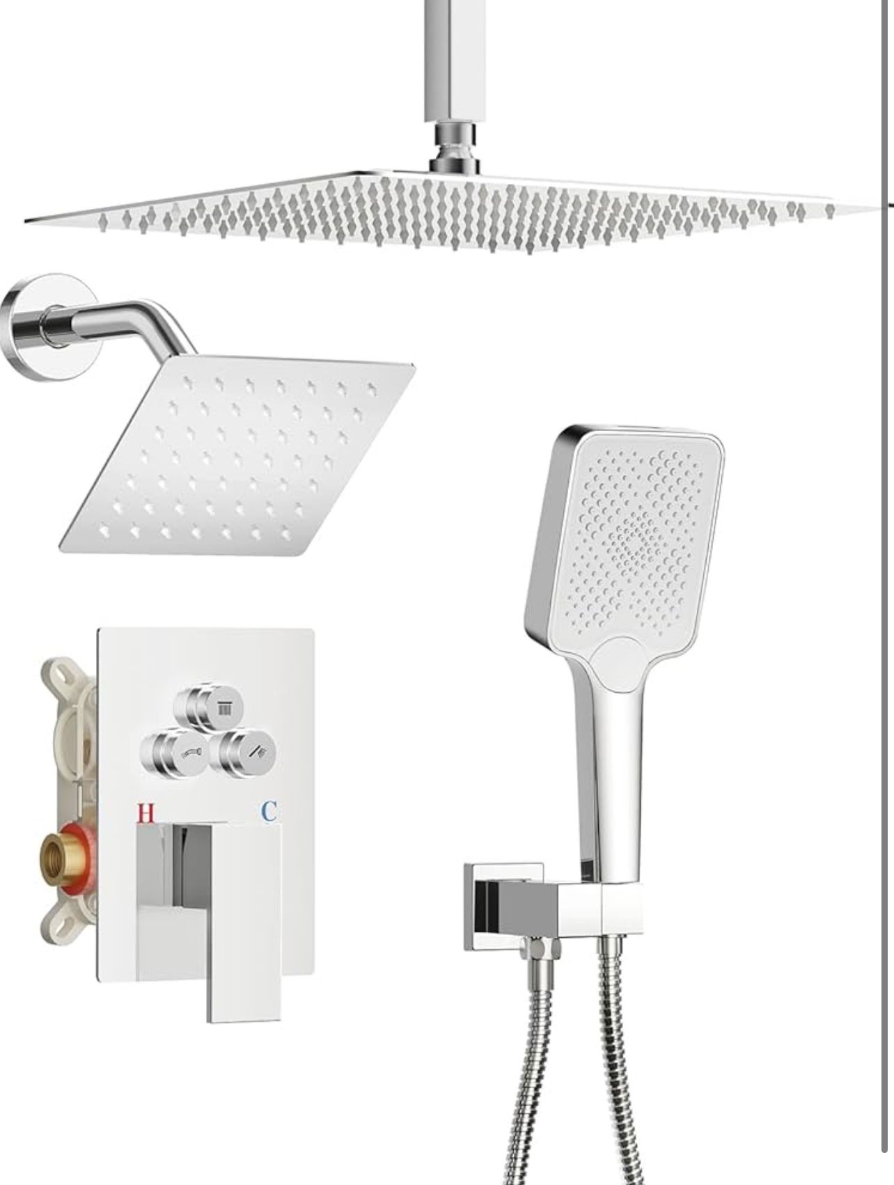 Brand New In The Box- Shower Faucet Set, 12" Ceiling Mount Rainfall Shower System with 2 Rain Shower Head and Multi-function Handheld Head Push Button