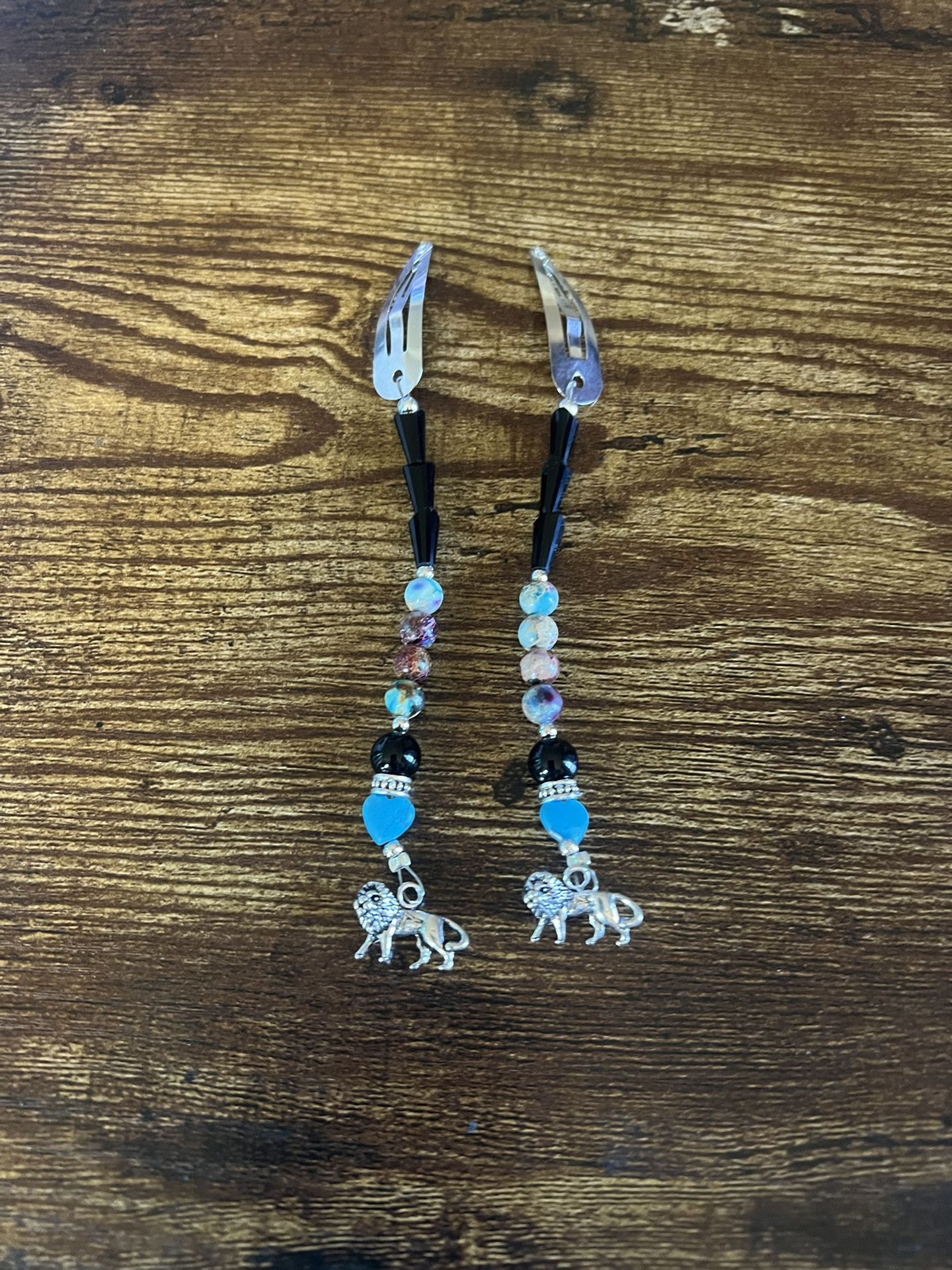Silver Hair Clips With Beads And Lion Charms