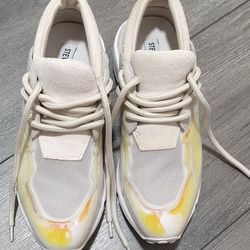 Fancy Steve Madden Leather  Sneaker Shoes 7.5 White Yellow Pink 