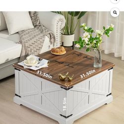 New in box Farmhouse Coffee Table with Large Hidden Storage Compartment, Antique White Square Center Table, Wood Rustic Low Modern Living Room Tables 