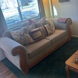 Classic Neutral Sofa with Solid Wood Trim – Excellent Condition