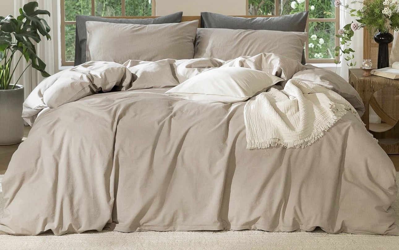 New Queen Size MooMee Bedding Duvet Cover Set 100% Washed Cotton Linen Like Textured Breathable