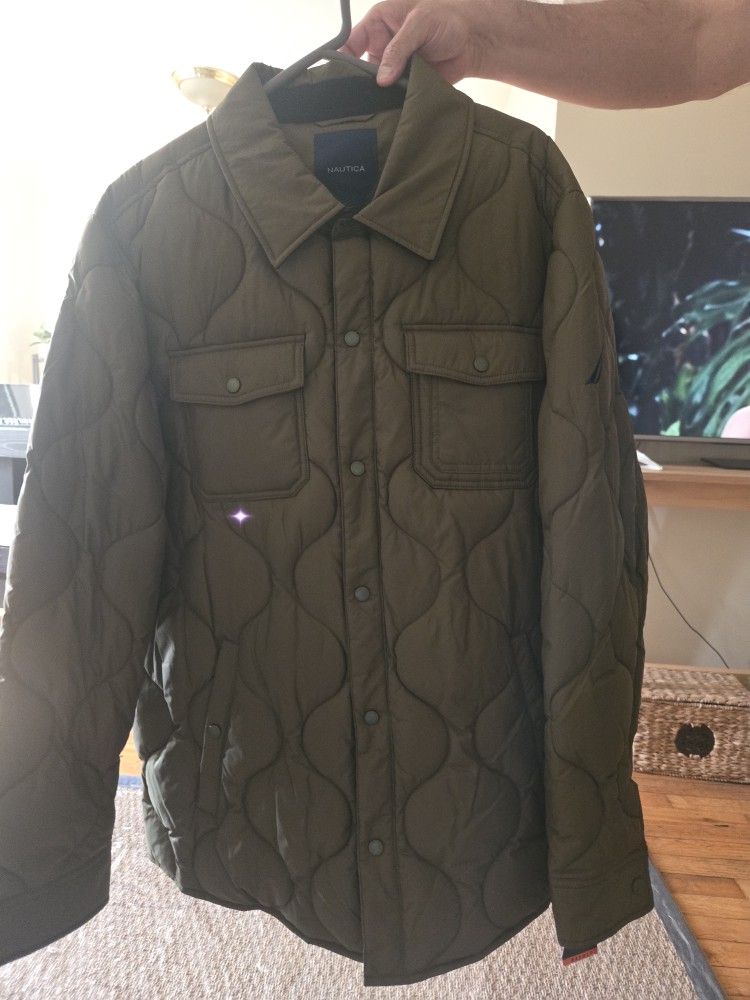 Nautica Men’s Quilted Jacket – Olive Green – Button Front – Casual Lightweight Coat