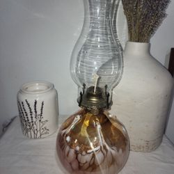 Hand Blown Oil Lamp Art Glass Orange White