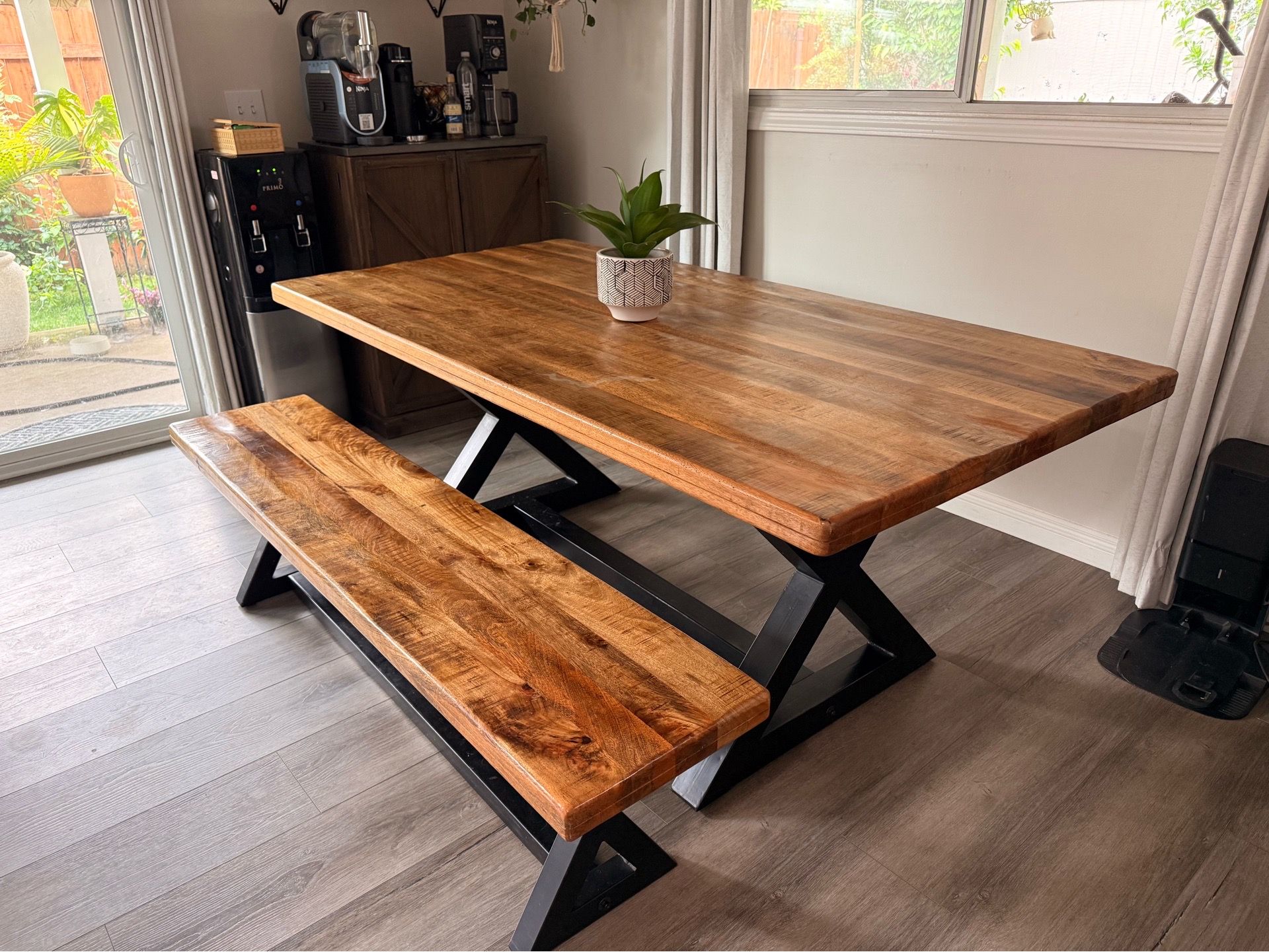 Mango wood dining table and bench