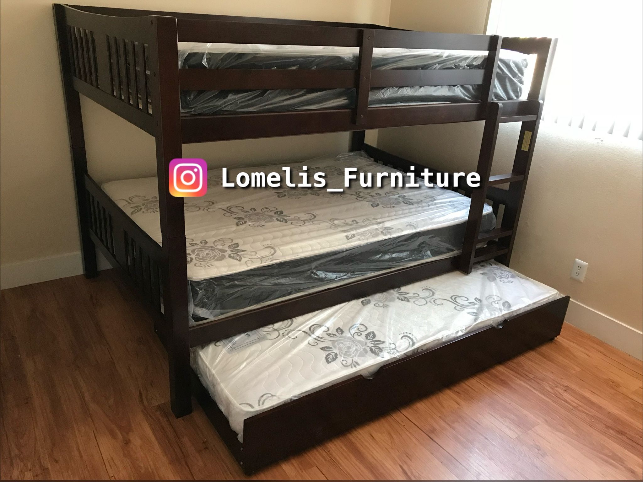 Full/Full/Twin Expresso Wooden Bunkbed w. Ortho Mattresses Included,All Products : American Fashion Style Bags On Sale