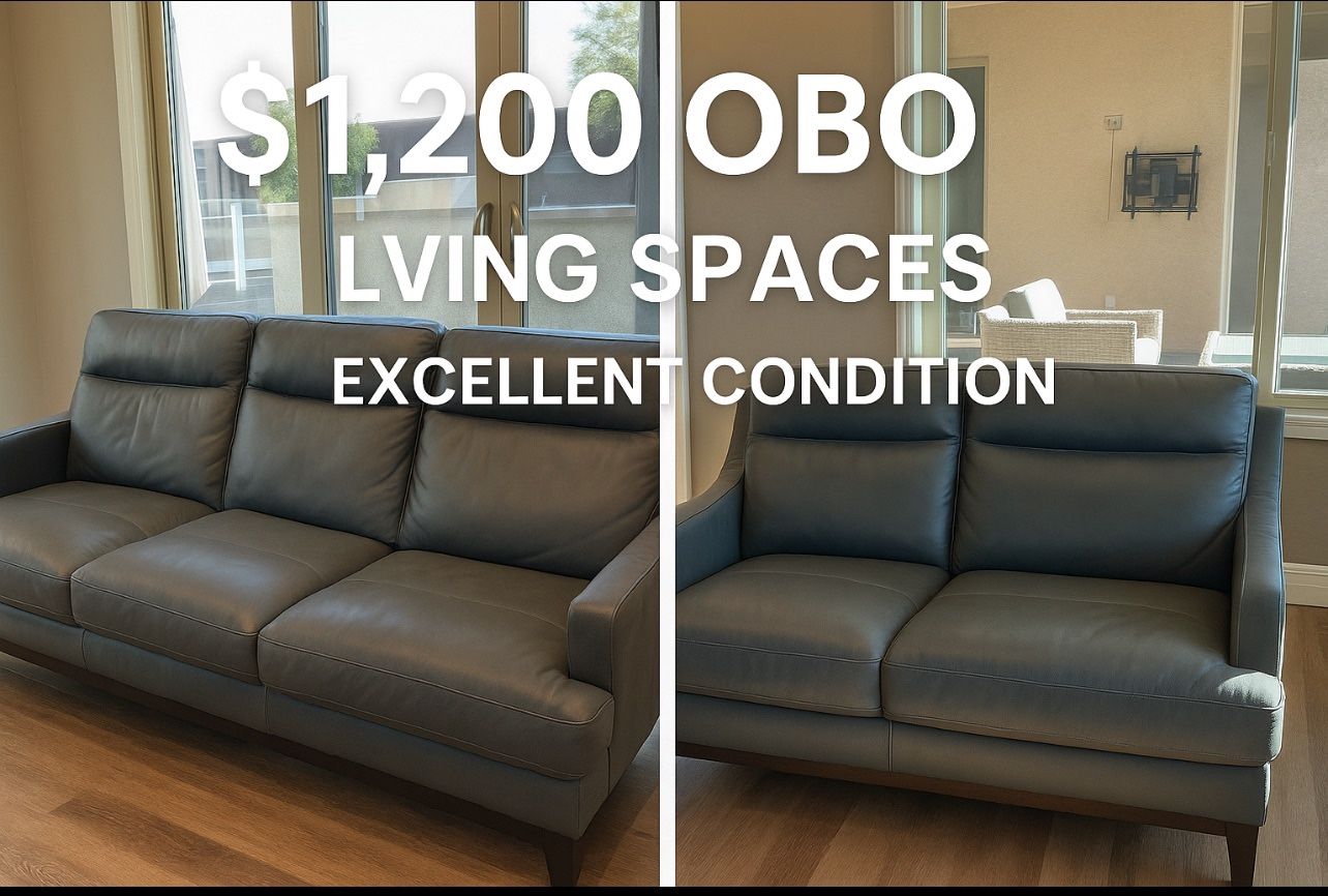 Modern, Gray Leather Sofa And Loveseat Set-