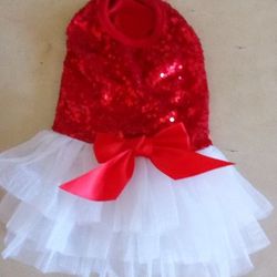 Pet Dog Cat  Red Sequence White Lace Dress SzM