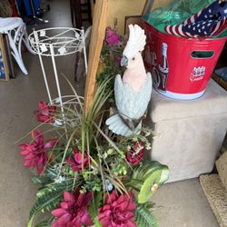 One Of A Kind, Large Entryway Or Tiki Bar Arrangement With Cockatiel Statue And Driftwood