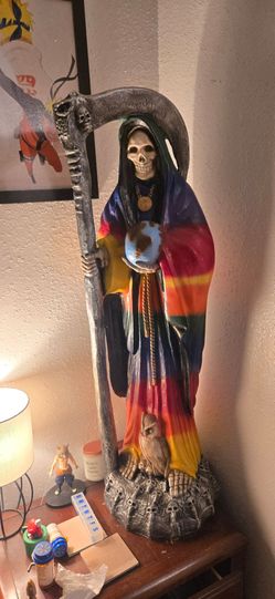 Santa Muerte Rainbow Robe Statue with Scythe