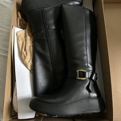 Fitflop F-MODE SQUARE-RING LEATHER FLATFORM TALL BOOTS BLACK EU 37, US 06