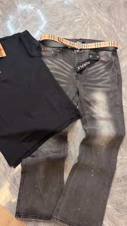 Men’s purple jeans & burbery tee and belt