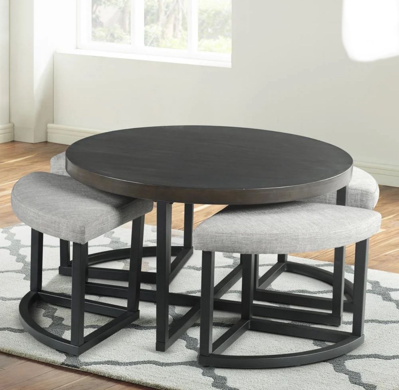 Round Wood and Metal Coffee Table Piece Set with Stools