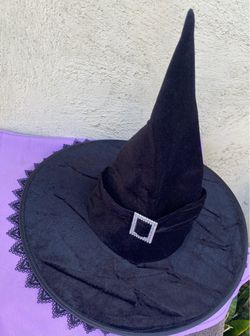 Black Velvet Witch Hat with Rhinestone Buckle