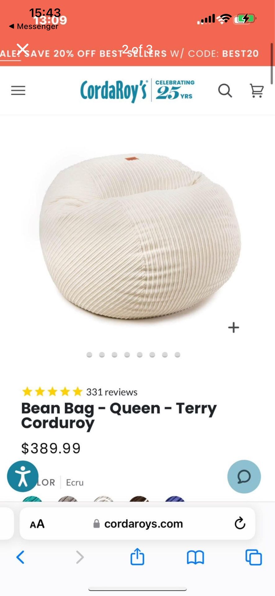 Queen Corduroy Bean Bag Bed/Chair For Sale!