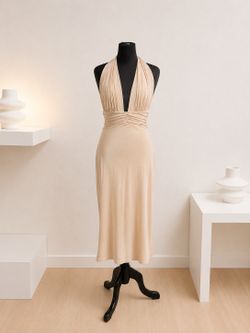 SHEIN Nude Halter Midi Dress – Open Back – Size Large – Never Worn