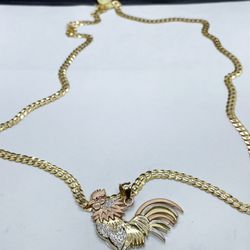 14k solid Gold  cubana chain and three tone gold rooster pendant , necklance Italian  gold