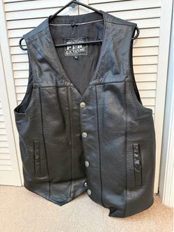 Black Leather Motorcycle Vest with Buffalo Nickel Snaps, XL