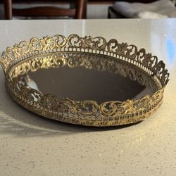 Vintage Gold Mirrored Vanity Tray – Ornate Filigree Hollywood Regency Decor