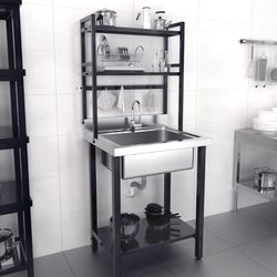 67"H Commercial Sink 304 Stainless Steel Sink with Adjustable Shelves and Hanging Rod with Hooks, Freestanding Utility Sink for Restaurant Kitchen Lau