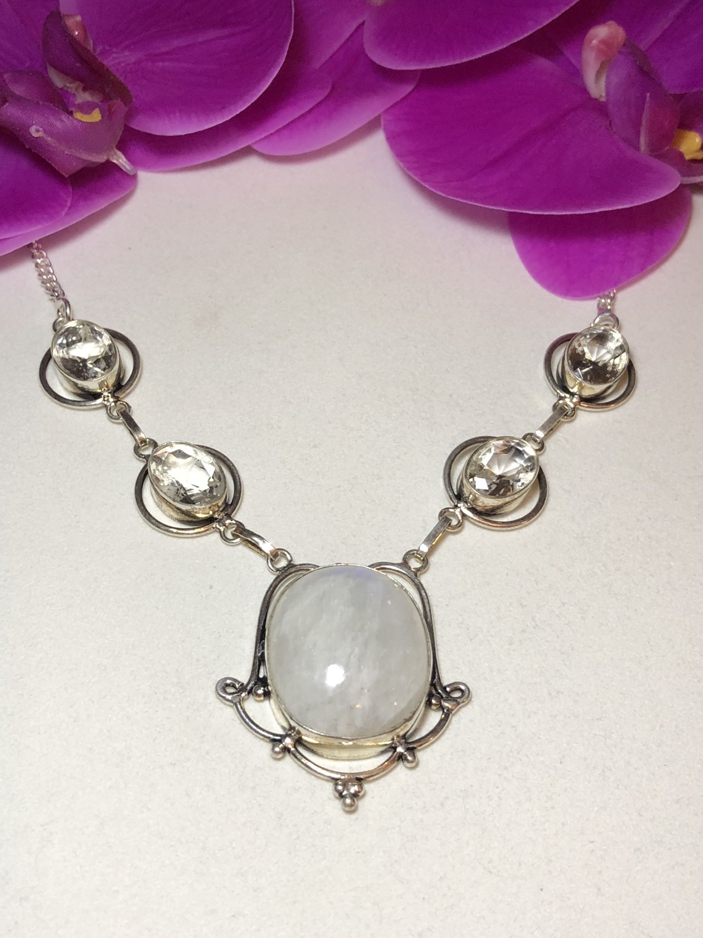 Sterling Silver.925 Rainbow Moonstone And White Topaz Necklace