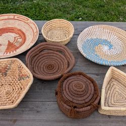 Lot of 7 Handwoven Baskets – Vintage & Tribal Woven Decorative Bowls & Trays
