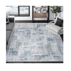 Eleisa Modern Abstract 10x14 Area Rug, Non-Slip Stain Resistant Washable Rug, Blue & Grey Large Rug for Living Room, Abstract Vintage Carpet for Bedro