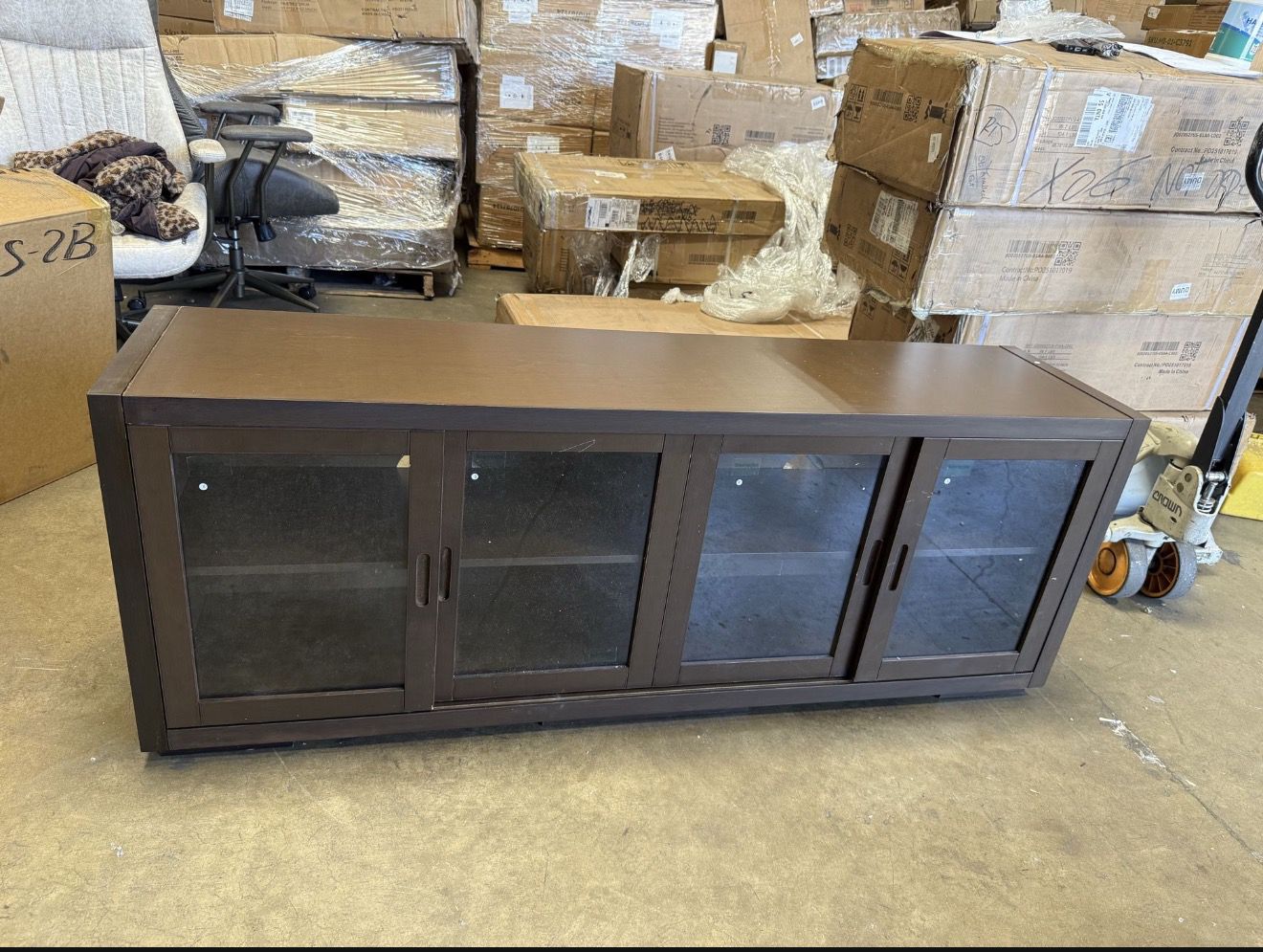 Four-Door Sliding TV Stand with Tempered Glass and Solid Wood Multilayer Construction Storage Entertainment Cabinet 66.1''L x 15.7''W x 24.8''H Deep B