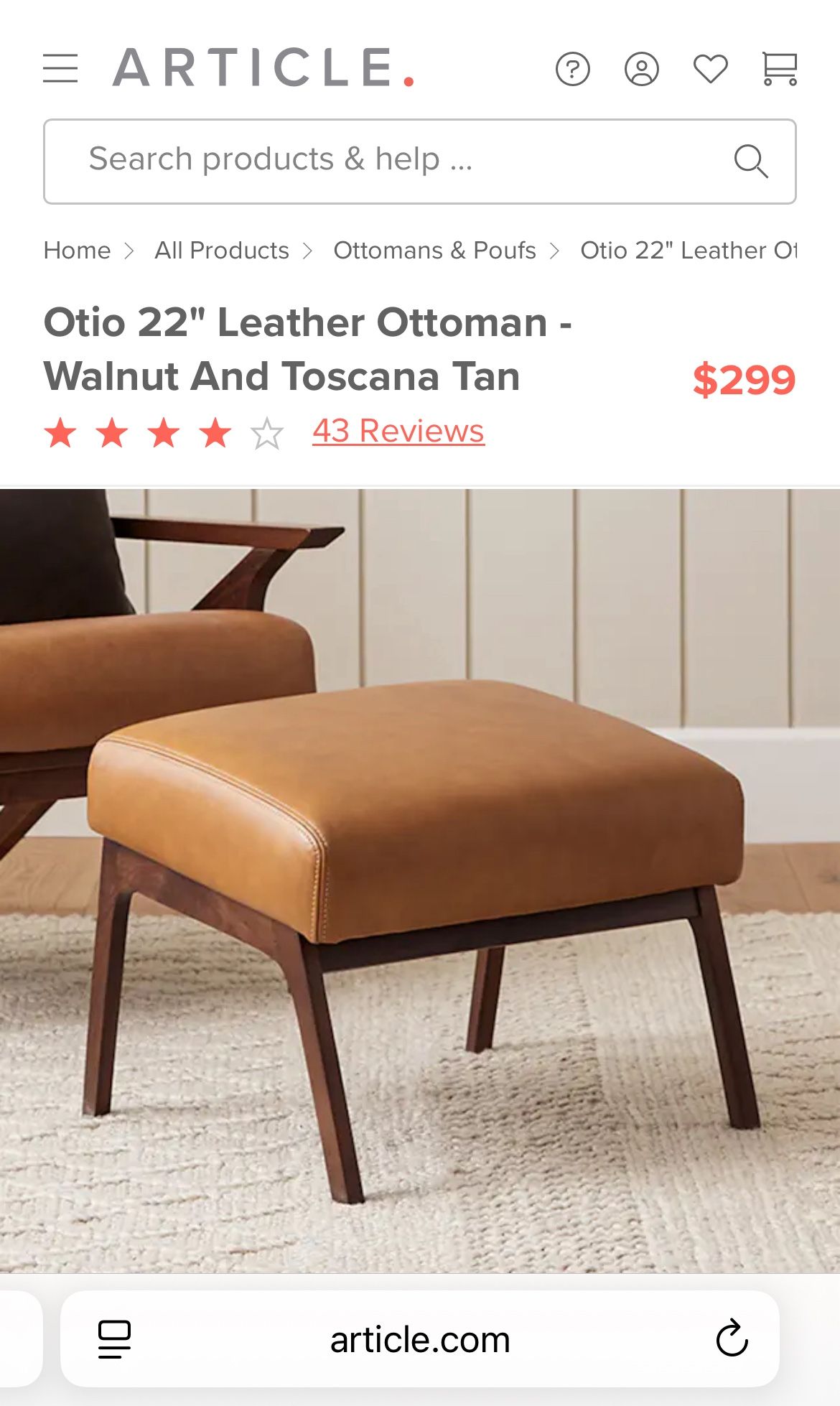 Article, Otio Toscana Tan Walnut Leather Ottoman