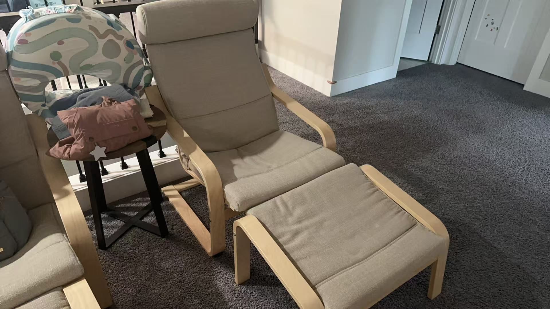 (image Only Shows One) Two Sets Of POÄNG IKEA chairs and ottomans