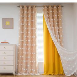 MYSKY HOME Yellow Curtains for Living Room Nursery Curtains 84 Inch Long Double Layer Curtains for Kids Room White Pom Pom Sheer Blackout Grommet Room