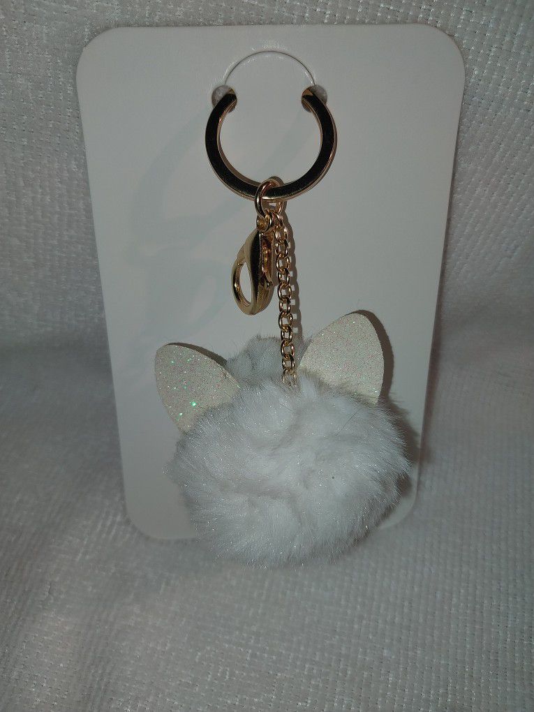 White Faux Fur Cat Ears Key Chain Attachment 