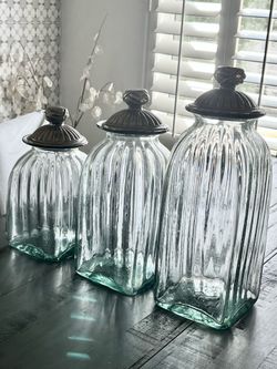 Set of 3 Vintage Glass /Pewter Top