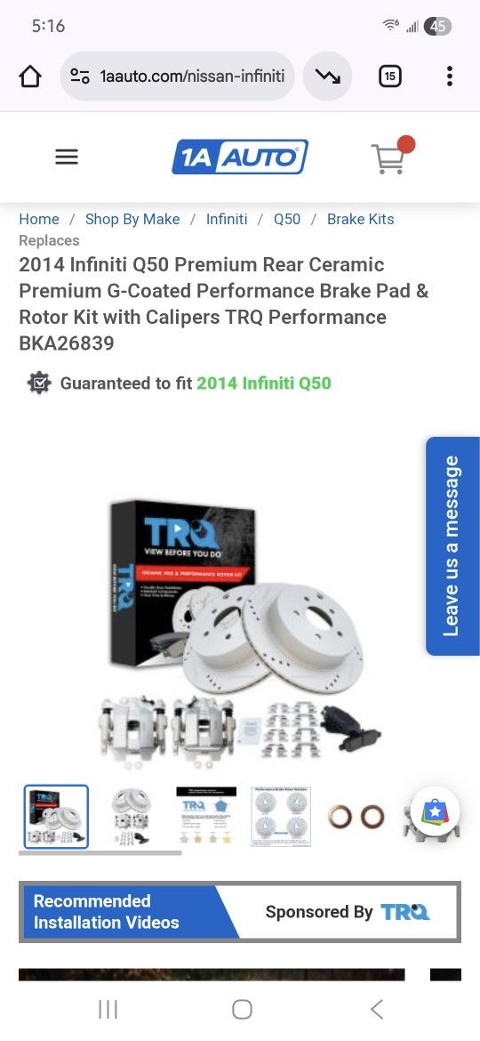 2014 Infiniti Q50 Premium Rear Ceramic Premium G-Coated Performance Brake Pad & Rotor