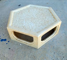 12" Hexagonal Faux Stone Riser / Plant Stand | Textured Cream Display Pedestal | Modern Decor