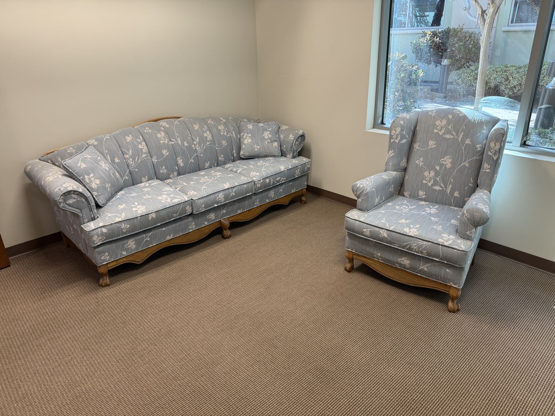 Victorian Fabric and Oak Sofa & Chair