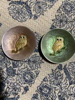 Set Of Two Vintage Cloisonné Owl Trinket Plates