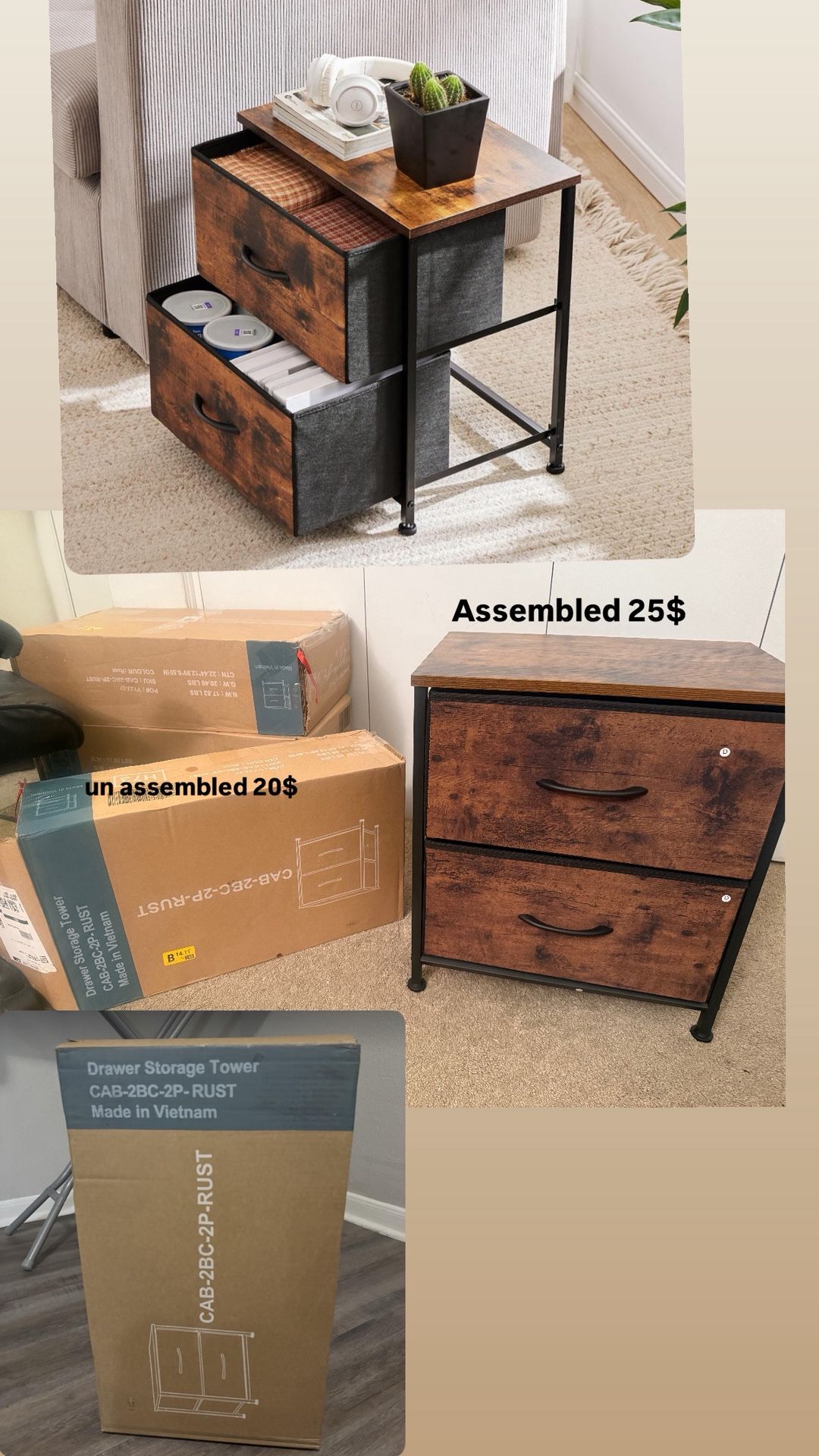 Nightstand with 2 Storage Drawers, 20" Height Small Bed Side Furniture End Table, Wooden Top Fabric Cabinet Kids Night Stand Mini Dresser for Bedroom,