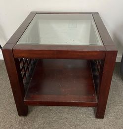 Dark Cherry Wood End Table with Glass Top