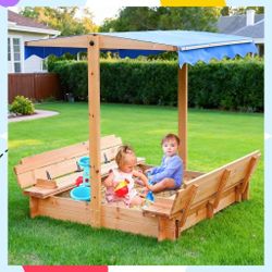 Kid's Wooden 48"x48" Sandbox with Lid And Foldable Bench Seats, And Rotatable Canopy, New In Box. Unassembled.