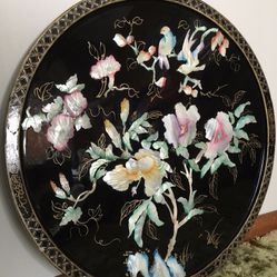 Oriental Wall Art Round Black Laquer Mother Of Pearl Nature Shell Plaque 27.5”