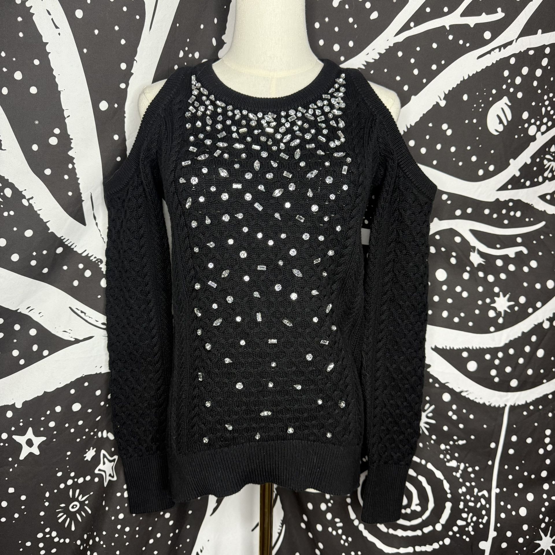 Michael Michael Kors Black Braided Sweater Size S Jewel Embellished Cotton