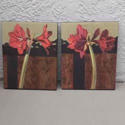 Set of 2 modern canvas prints features red amaryllis