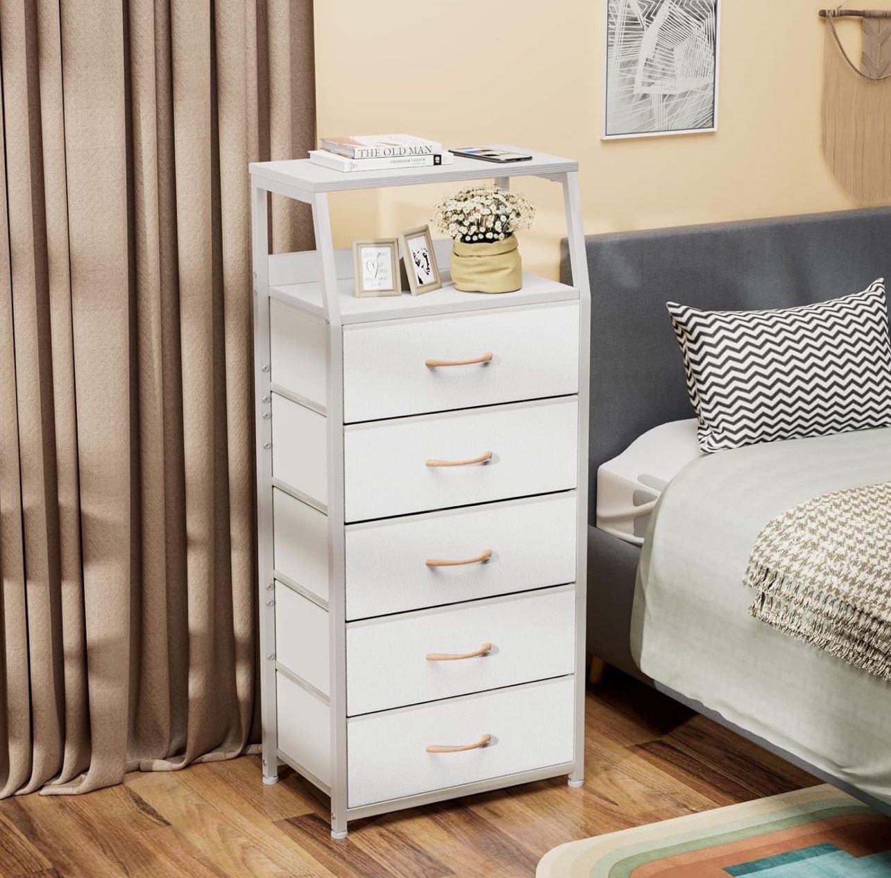 43" White Dresser with 5 Drawers Vertical Storage Tower Fabric Bedroom Closet Organizer Bedside