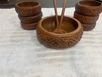 🌿 Vintage Hand-Carved Teak Salad Bowl Set – 8 Pieces