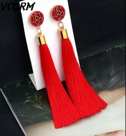 NEW... Bohemian Tassel Crystal Long Drop Earrings for Women Red Cotton Silk Fabric Fringe Earrings 2020 Fashion Woman Jewelry