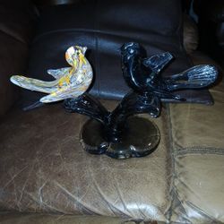 Hand-Blown Murano Art Glass Sculpture Of Two Birds On A Branch