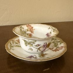 Antique GDA Limoges France Cup & Saucer Hand Painted Floral Gold Trim 