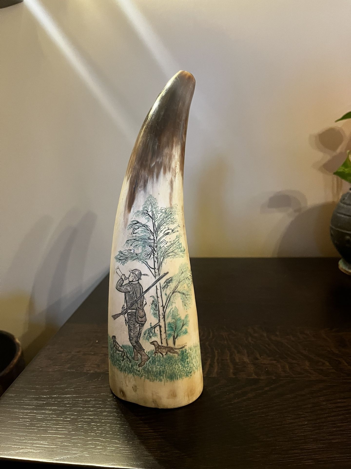 Vintage Hand Carved Scrimshaw Hunting Scenes Signed