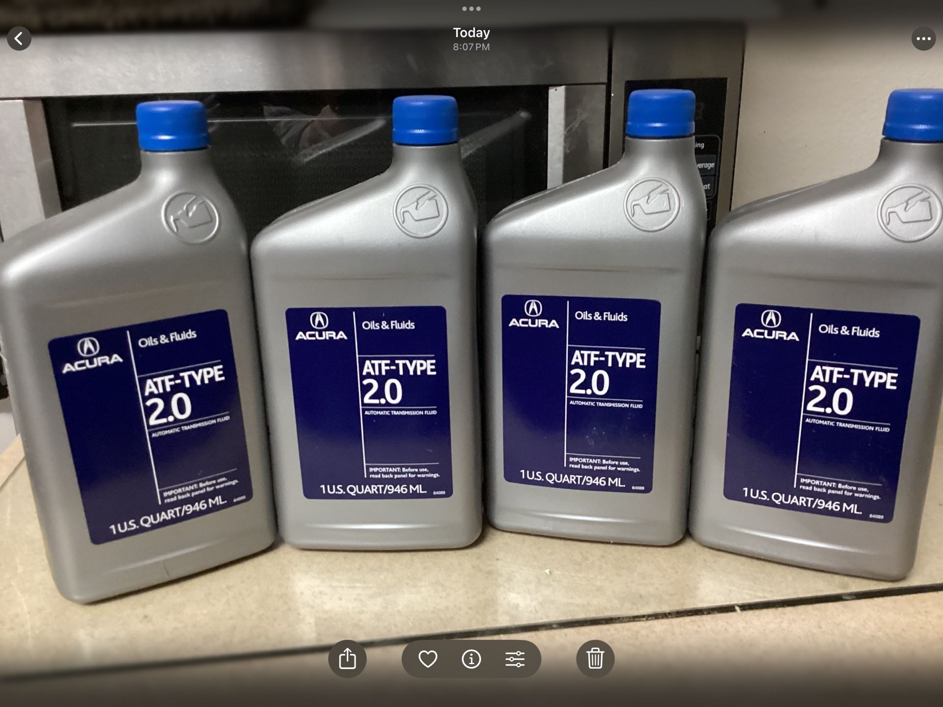 Genuine Acura ATF-Type 2.0 automatic transmission fluid 12.00 Each